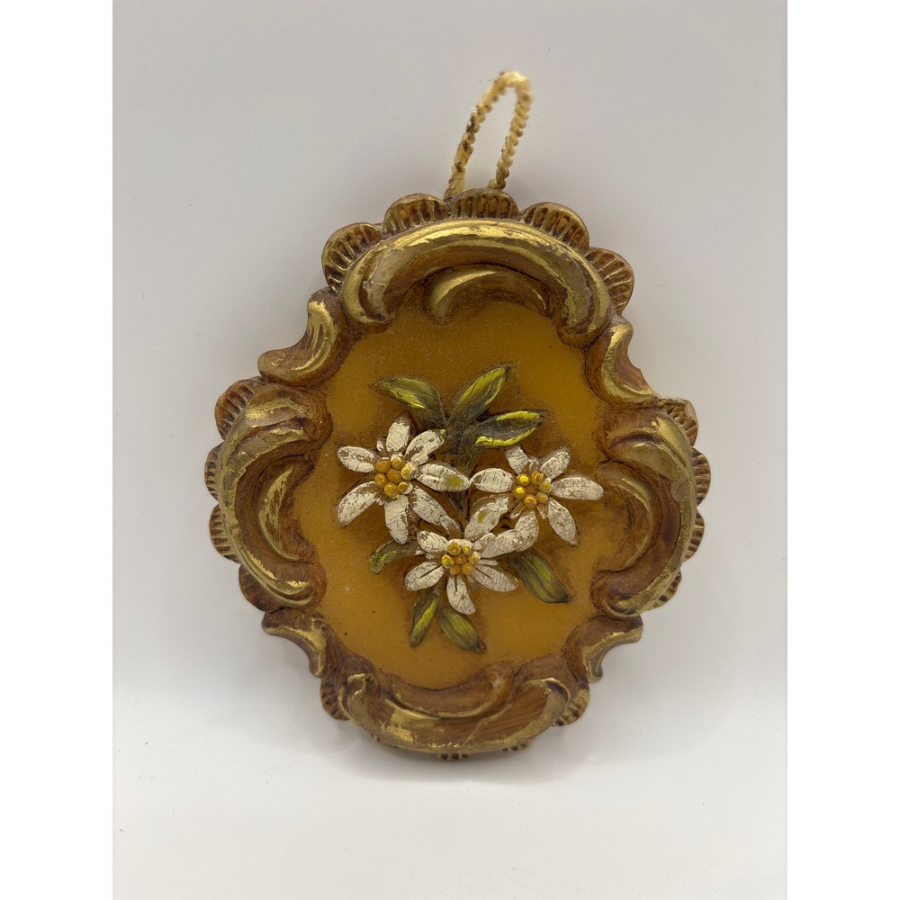 Vintage Wax Edelweiss Wall Plaque Ornate Gold Frame Alpine Floral Decor 4 Inch